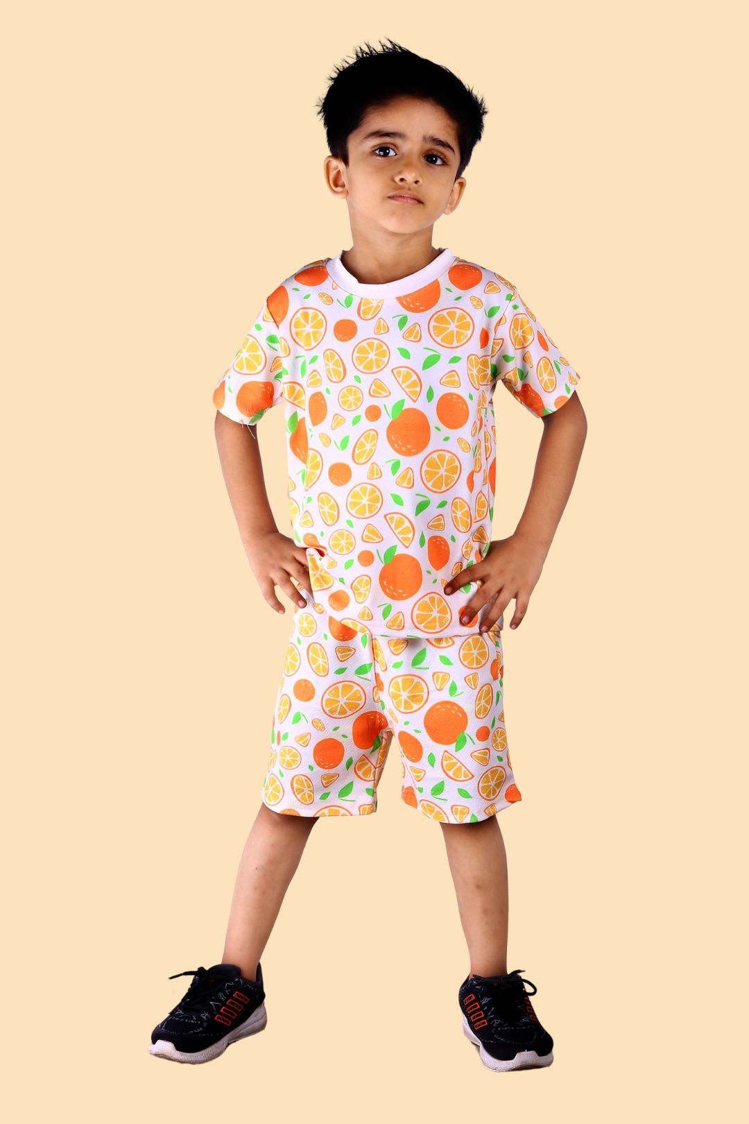 Stylish Orange Pattern Half-Sleeve T-Shirt and Shorts Set for Kids