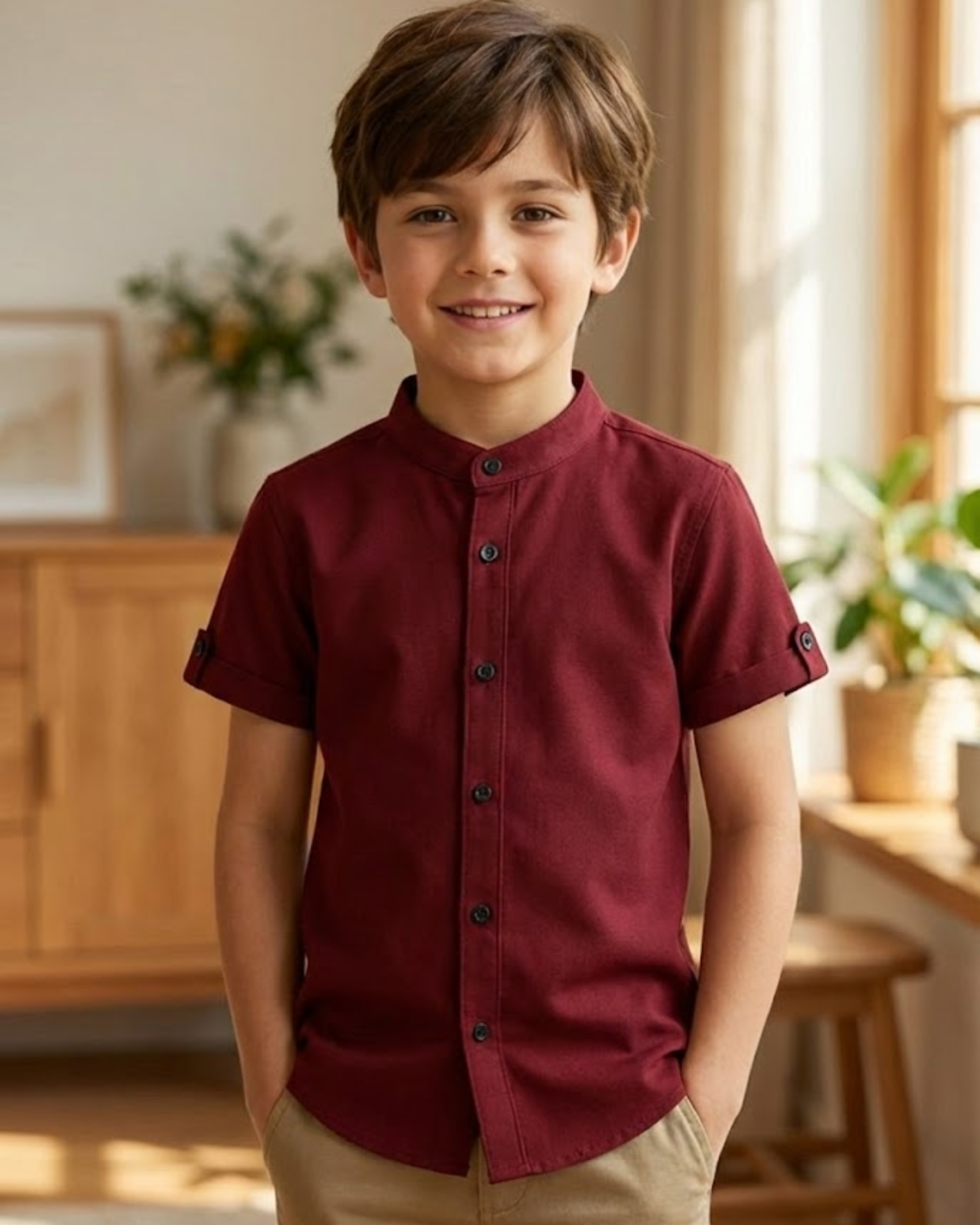 Boys Classic Maroon Short Sleeve Shirt with Mandarin Neck