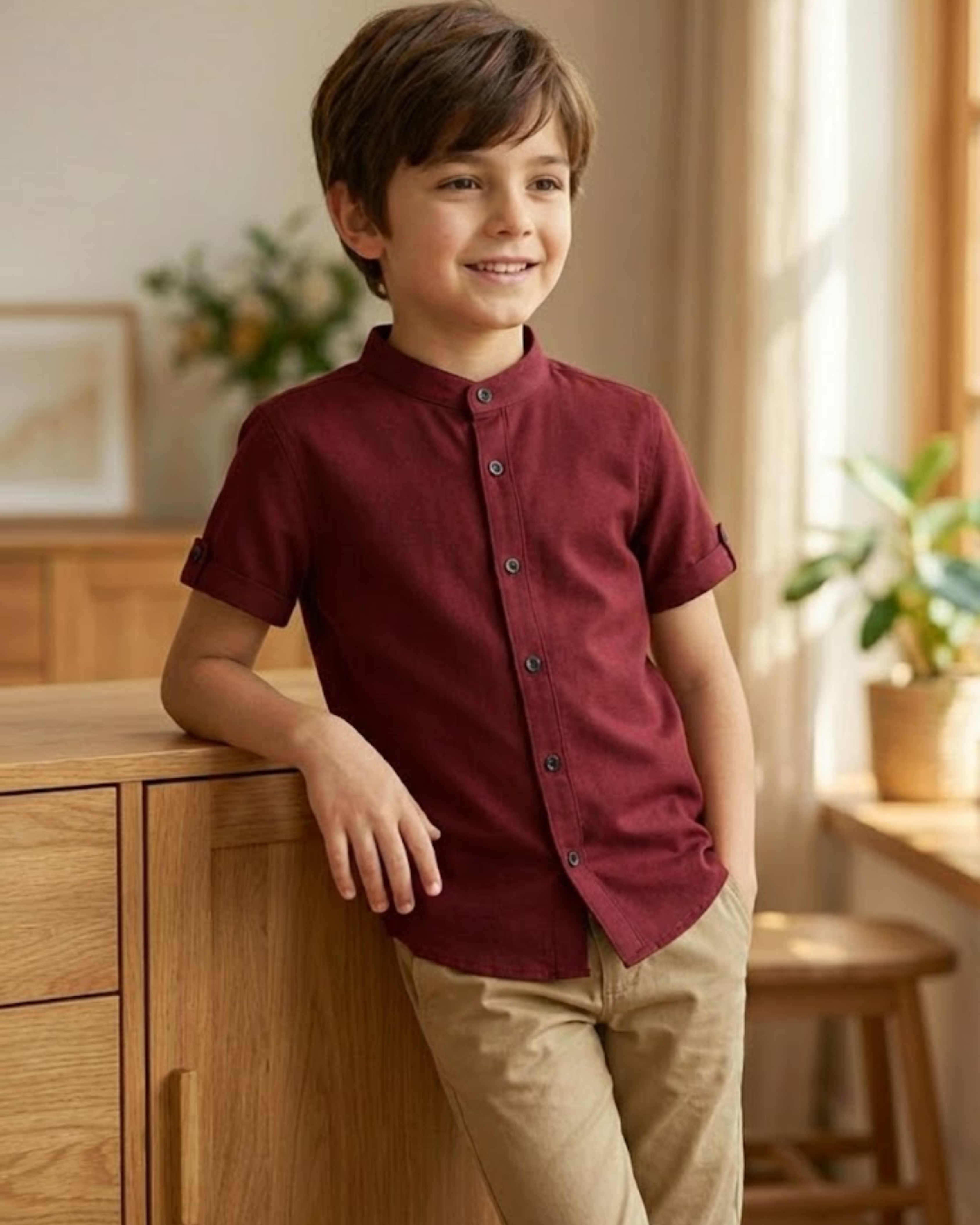 Boys Classic Maroon Short Sleeve Shirt with Mandarin Neck