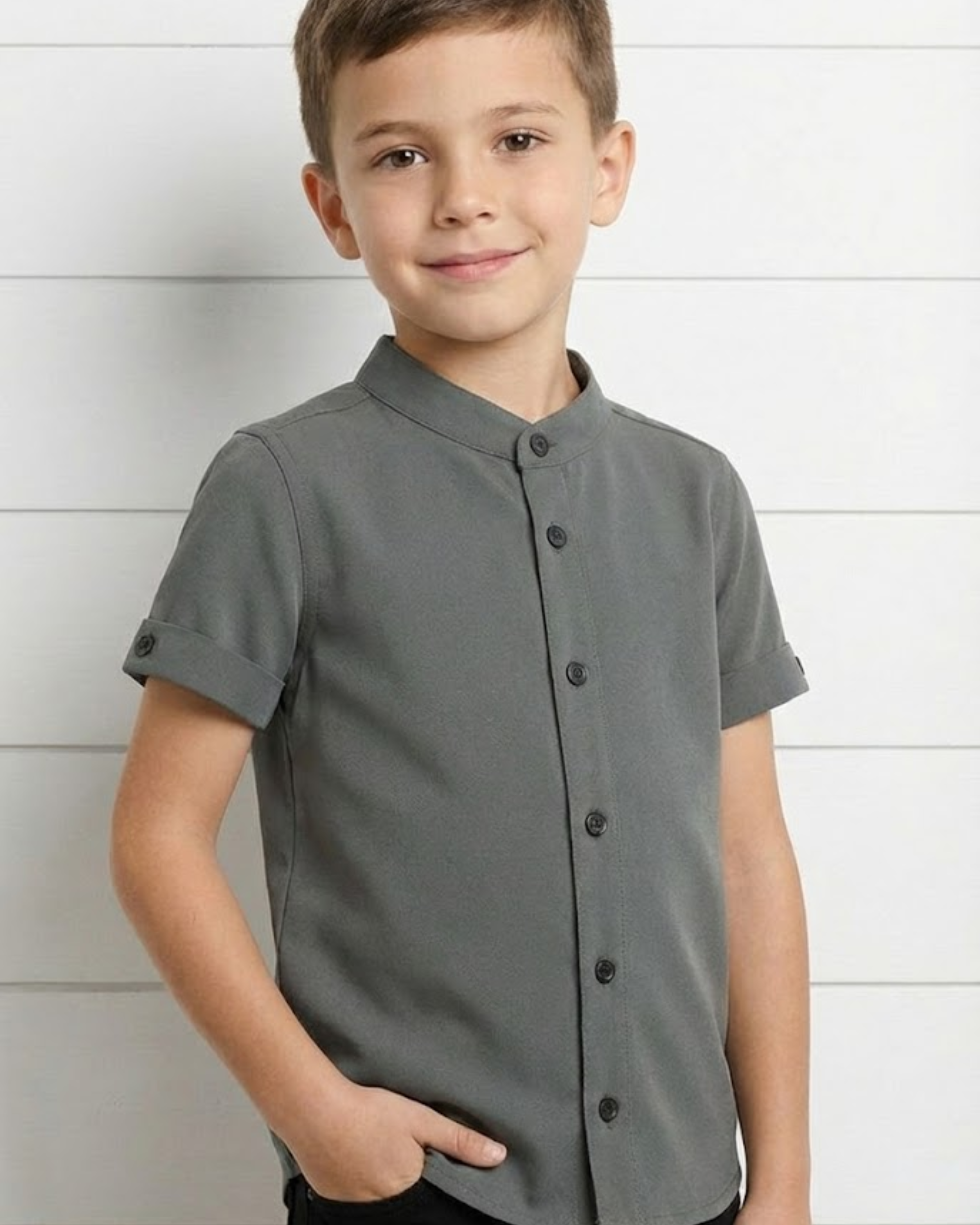 Boys Classic Grey Short Sleeve Shirt with Mandarin Neck