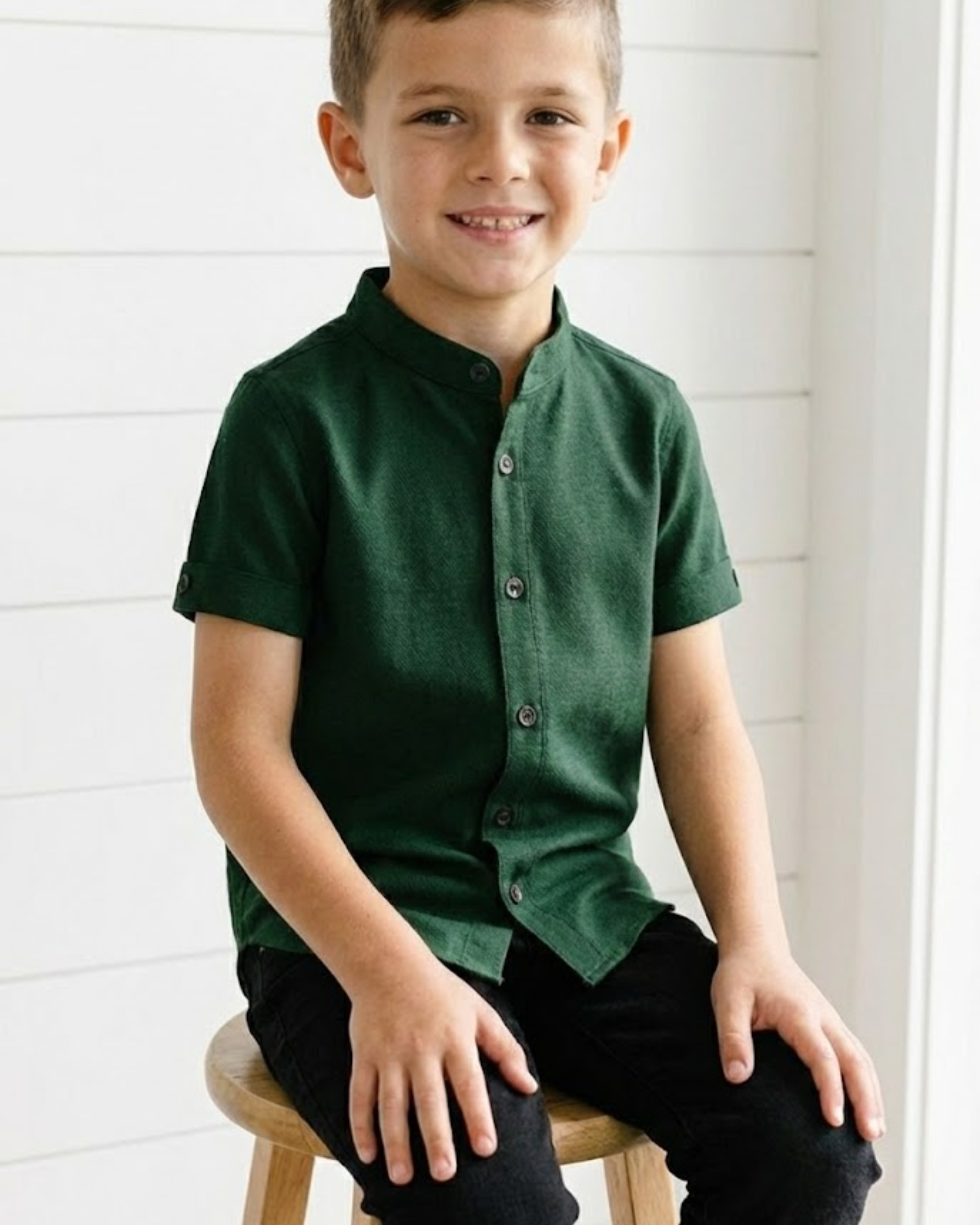 Boys Classic Green Short Sleeve Shirt with Mandarin Neck