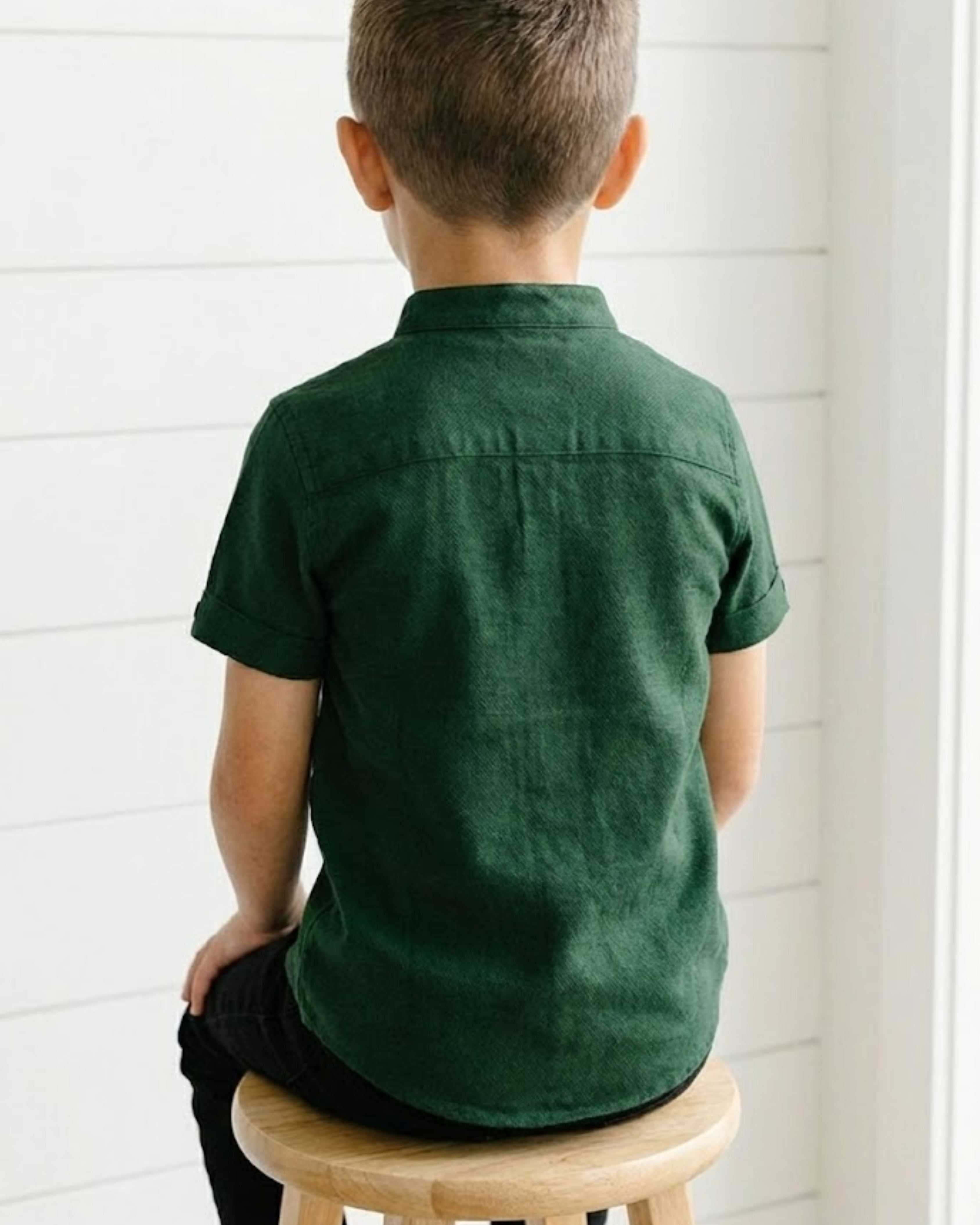 Boys Classic Green Short Sleeve Shirt with Mandarin Neck
