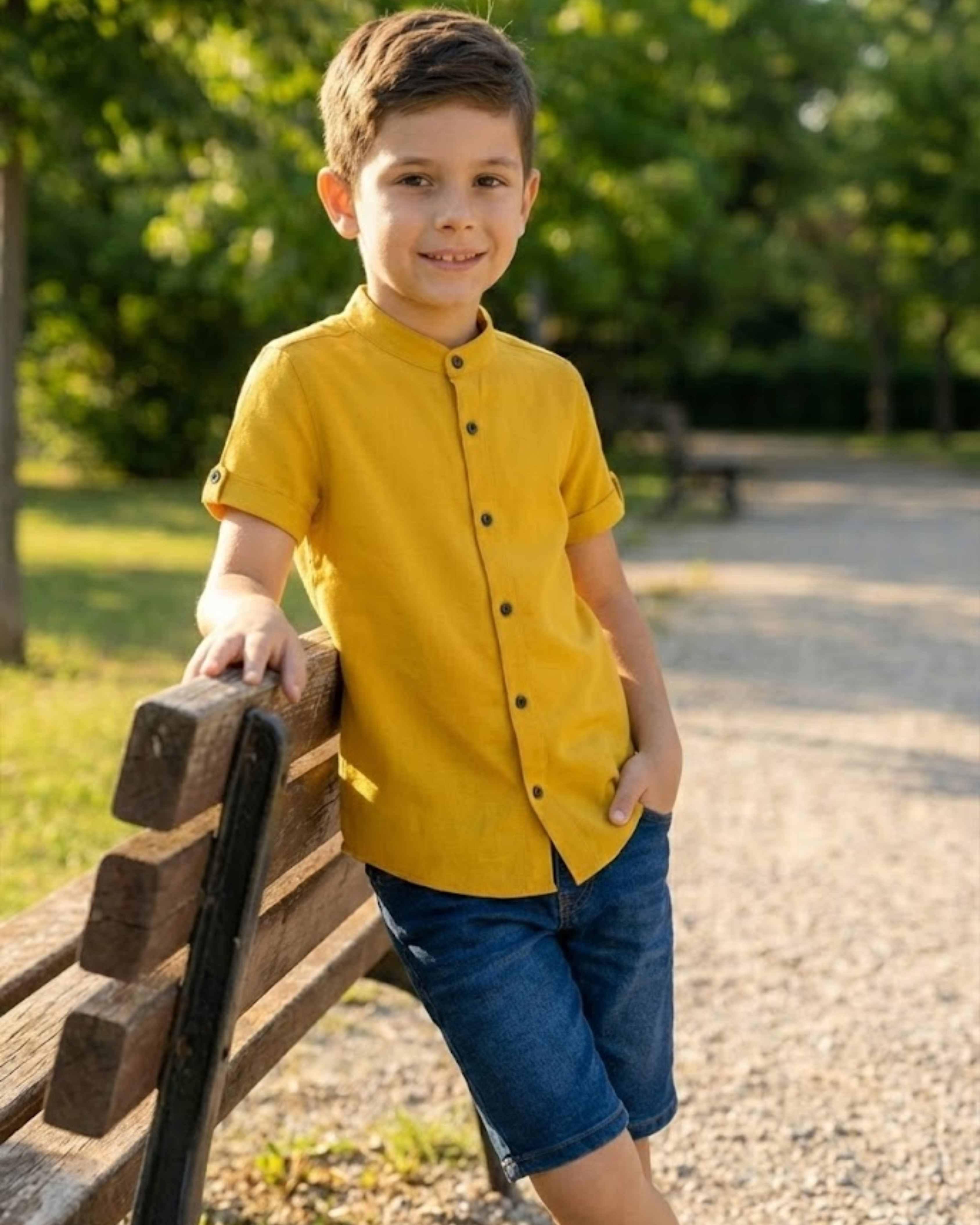 Boys Classic Yellow Short Sleeve Shirt with Mandarin Neck