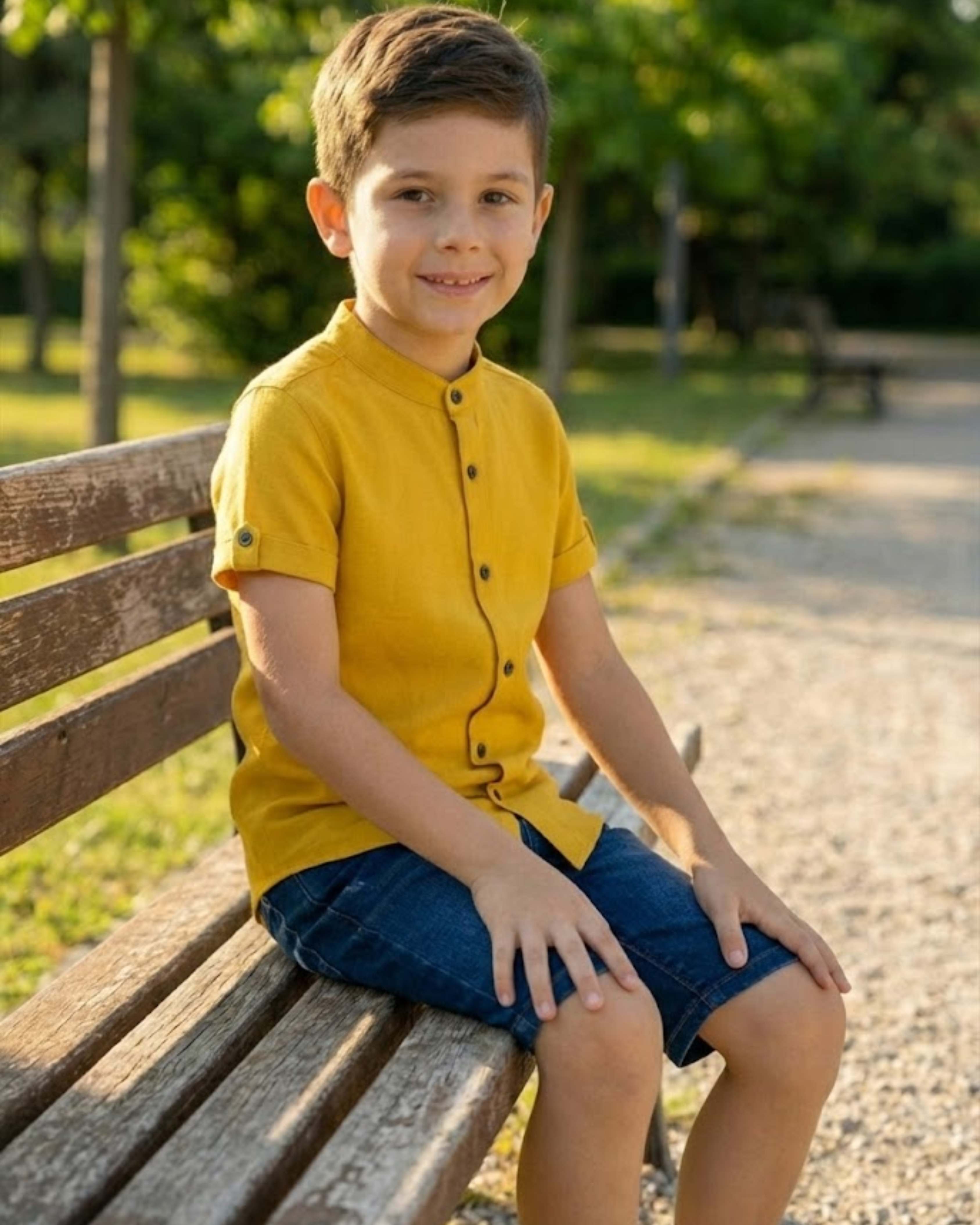 Boys Classic Yellow Short Sleeve Shirt with Mandarin Neck