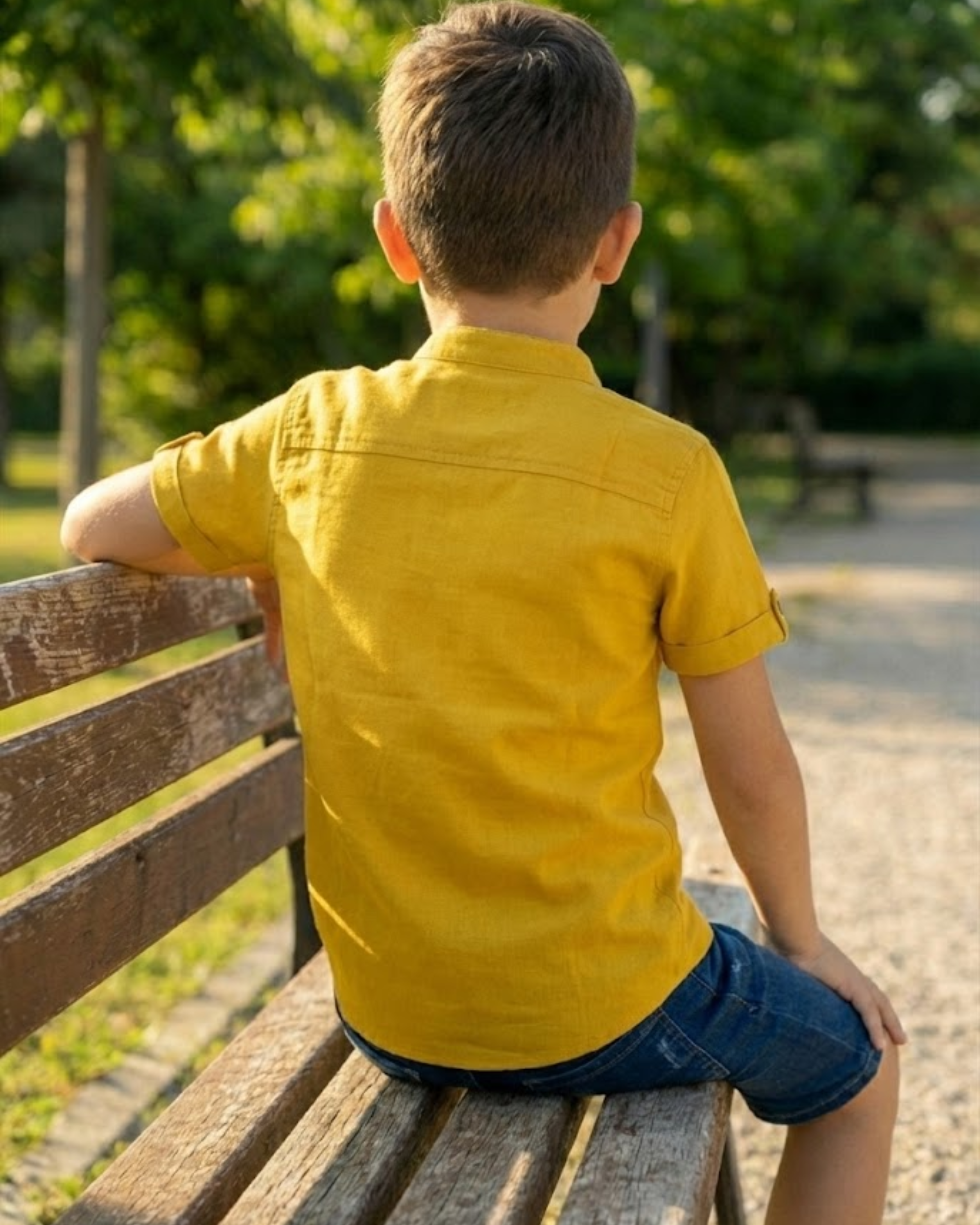 Boys Classic Yellow Short Sleeve Shirt with Mandarin Neck