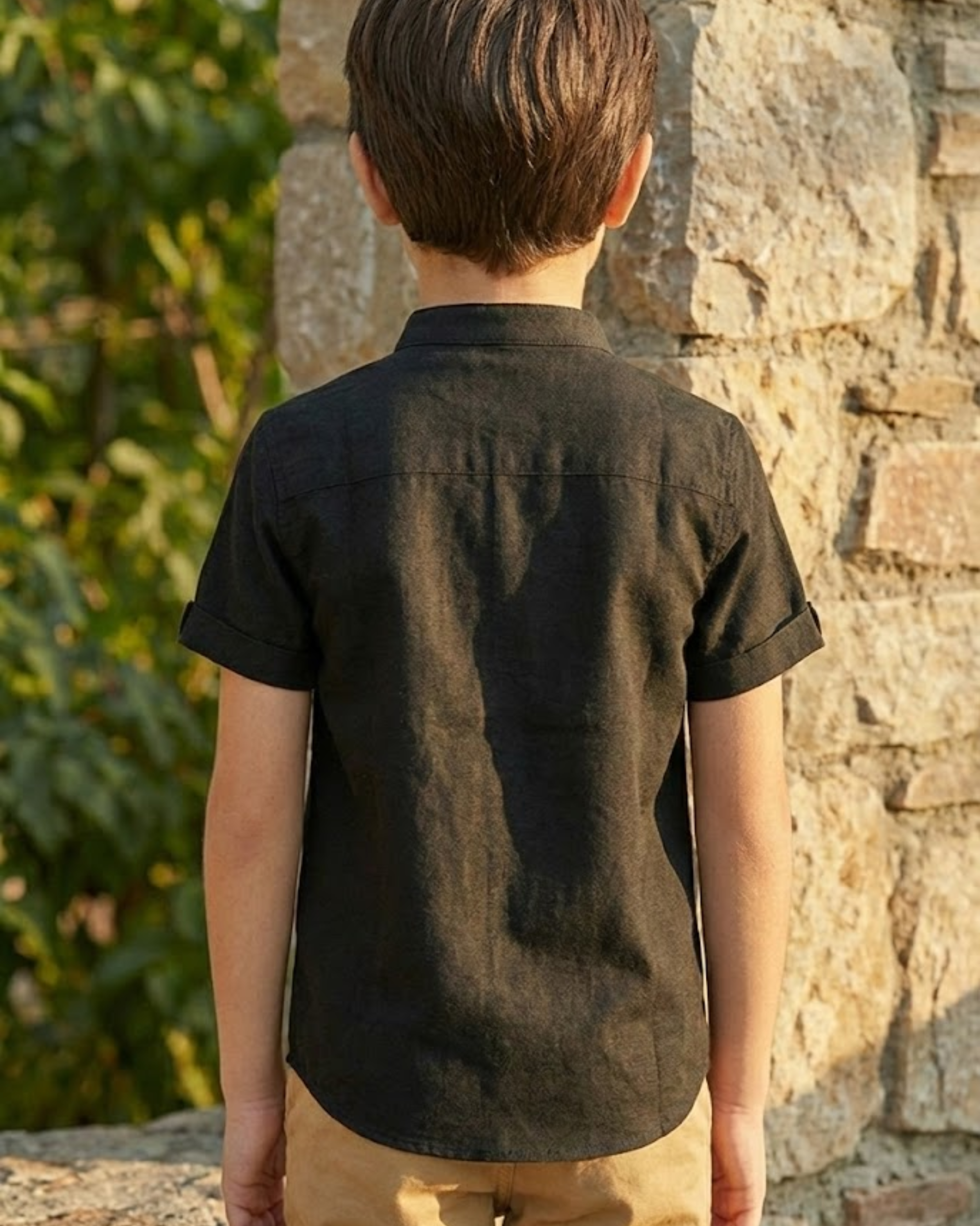 Boys Classic Black Short Sleeve Shirt with Mandarin Neck