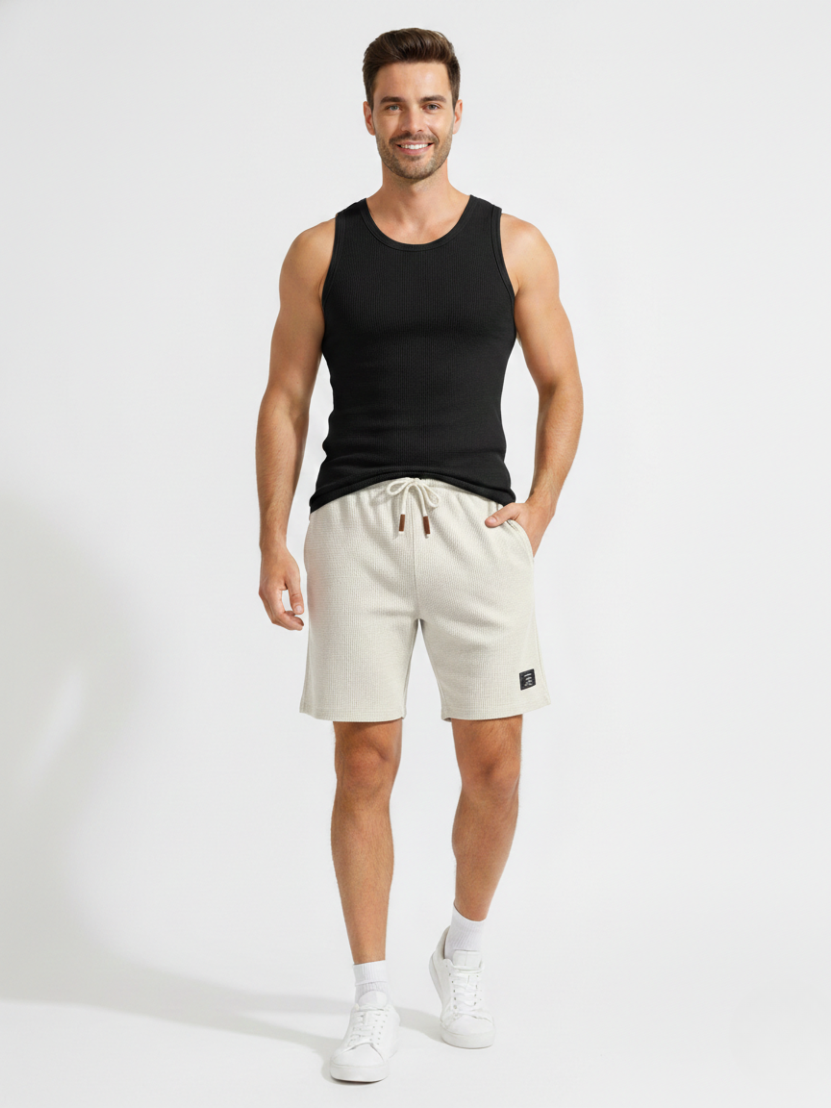 Men’s Classic Waffle Knit Comfort Shorts ( WHITE )