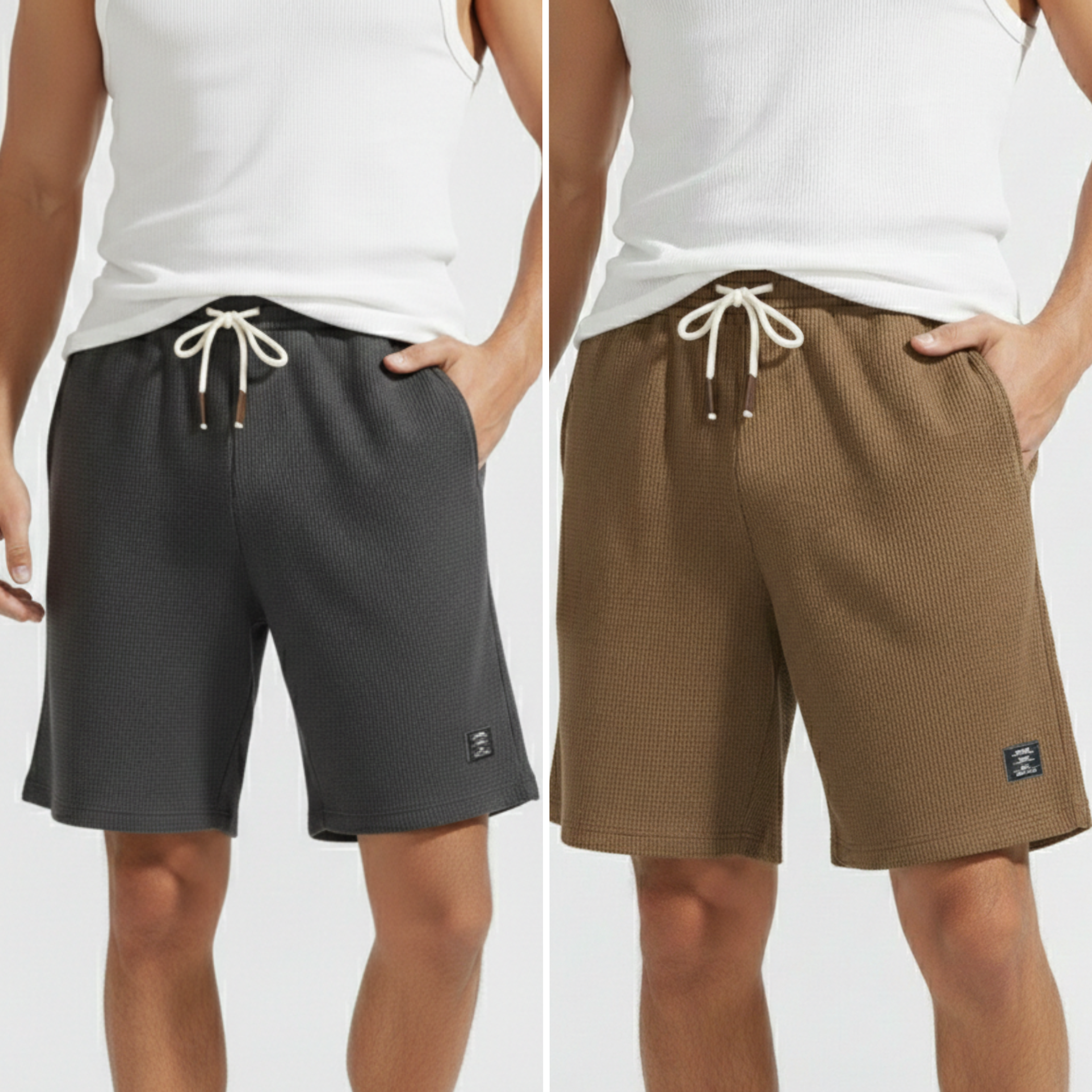 Men’s Classic Waffle Knit Comfort Shorts – Pack of 2 (Grey & Brown)