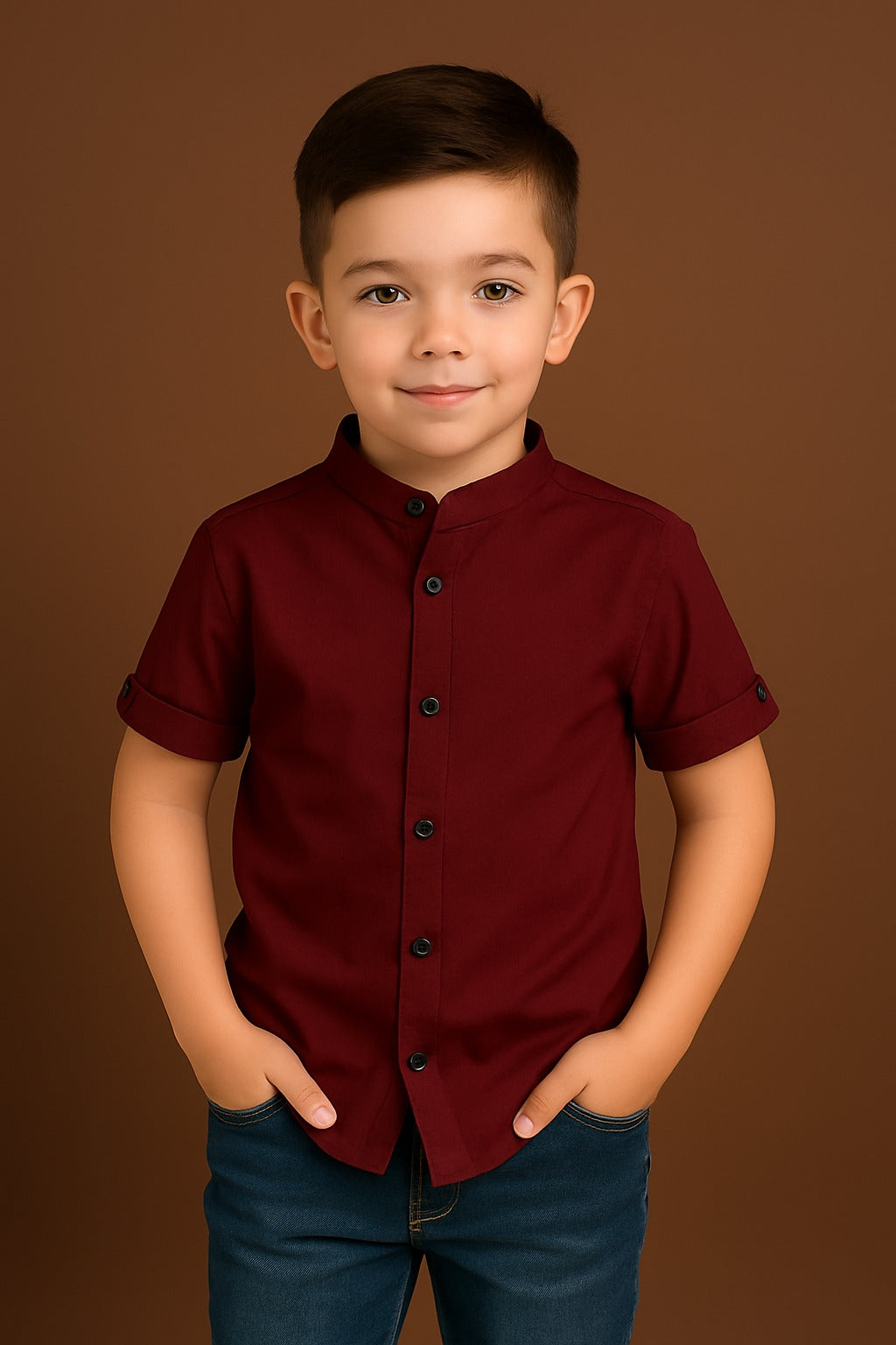 Boys Classic Maroon Short Sleeve Shirt with Mandarin Neck