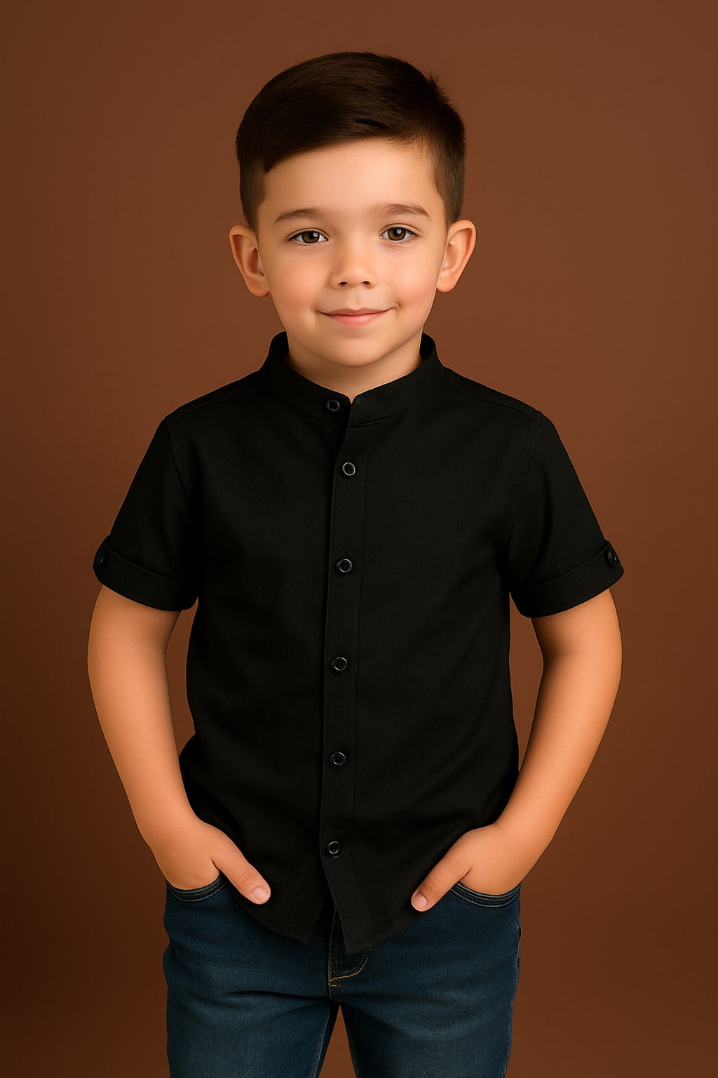 Boys Classic Black Short Sleeve Shirt with Mandarin Neck