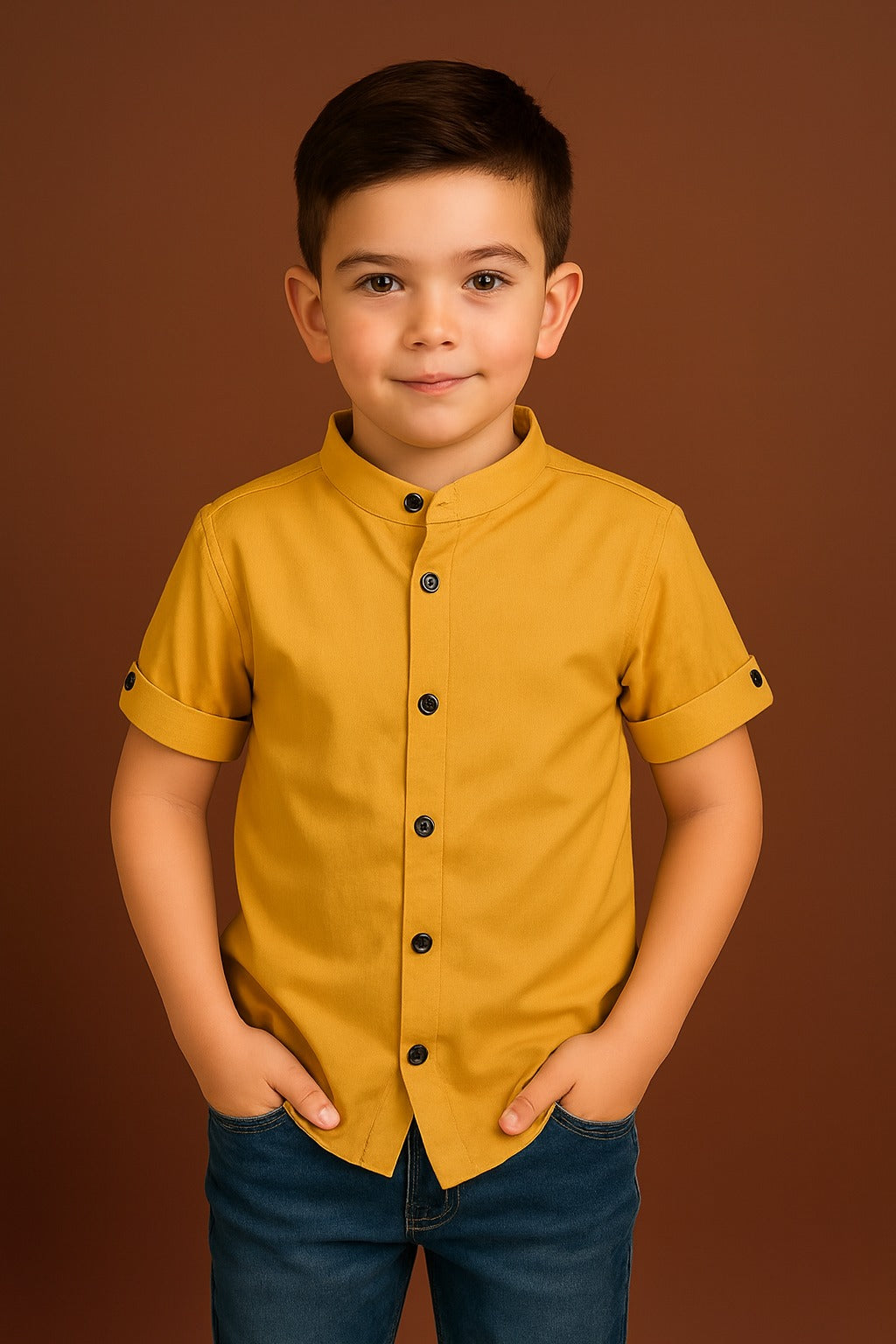 Boys Classic Yellow Short Sleeve Shirt with Mandarin Neck