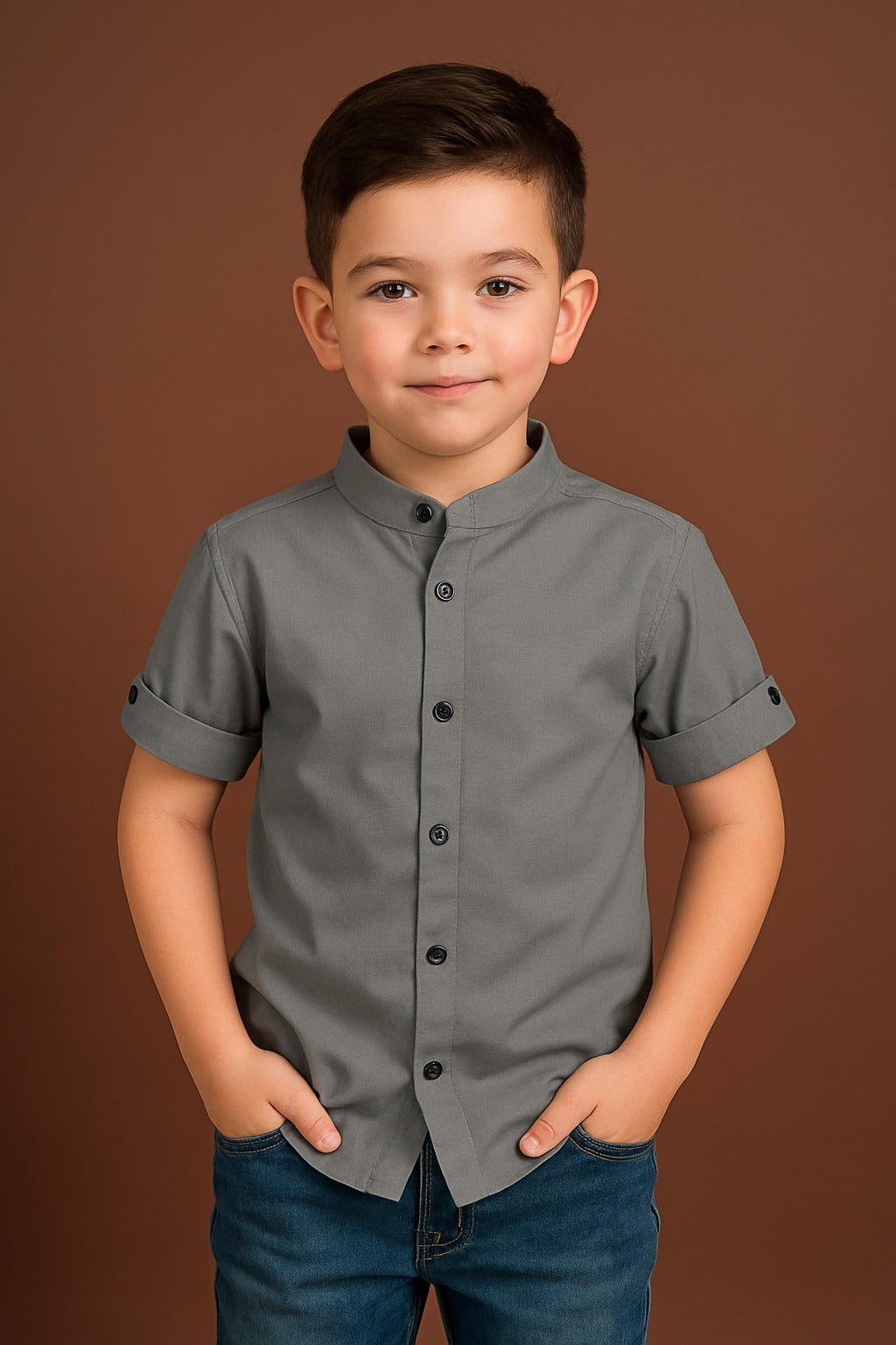 Boys Classic Grey Short Sleeve Shirt with Mandarin Neck