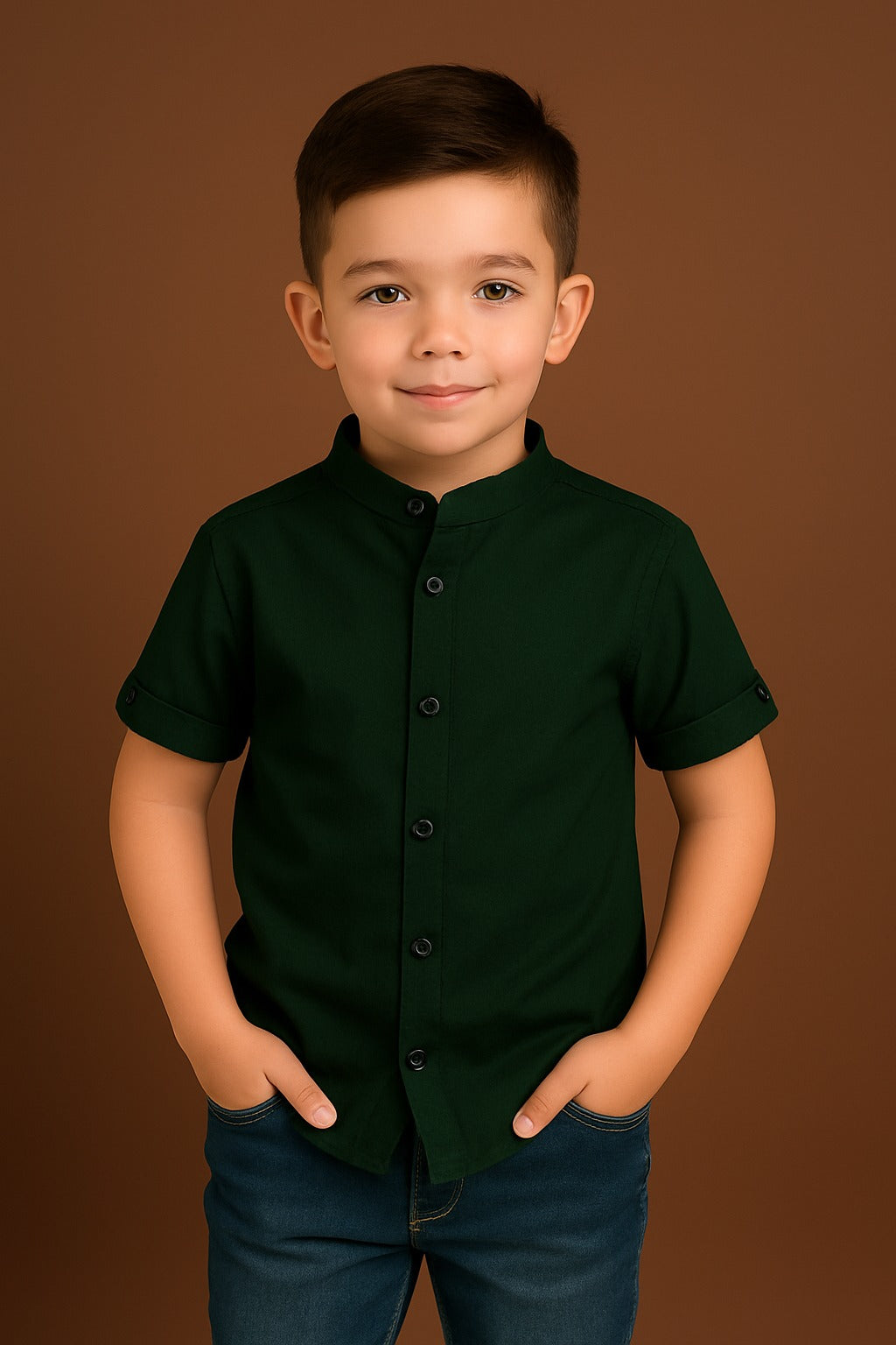 Boys Classic Green Short Sleeve Shirt with Mandarin Neck