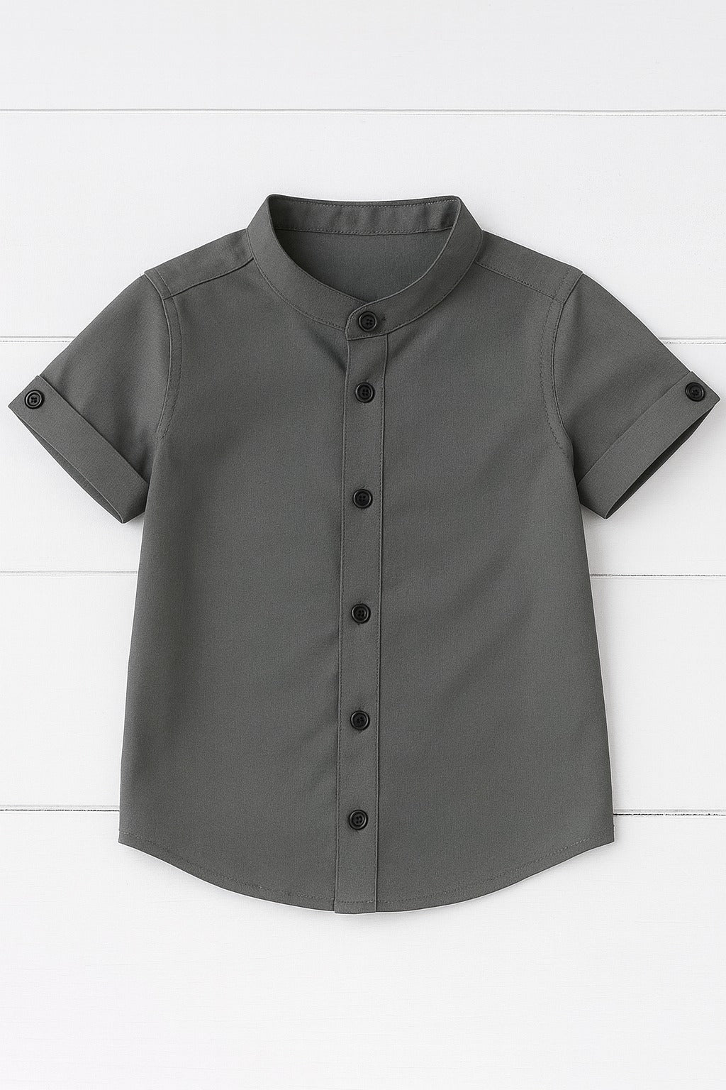 Boys Classic Grey Short Sleeve Shirt with Mandarin Neck