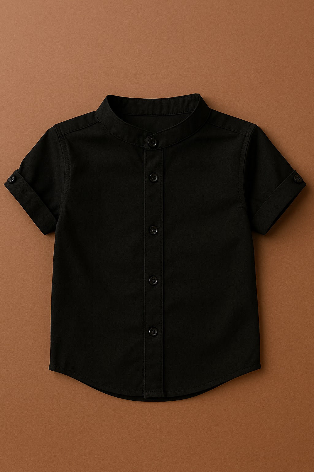 Boys Classic Black Short Sleeve Shirt with Mandarin Neck