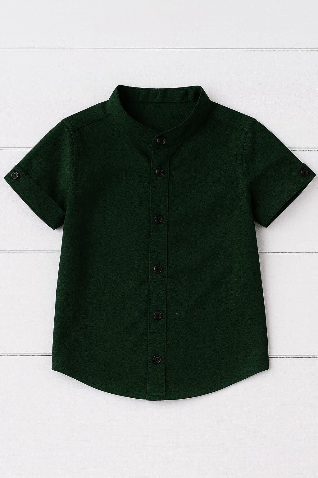 Boys Classic Green Short Sleeve Shirt with Mandarin Neck