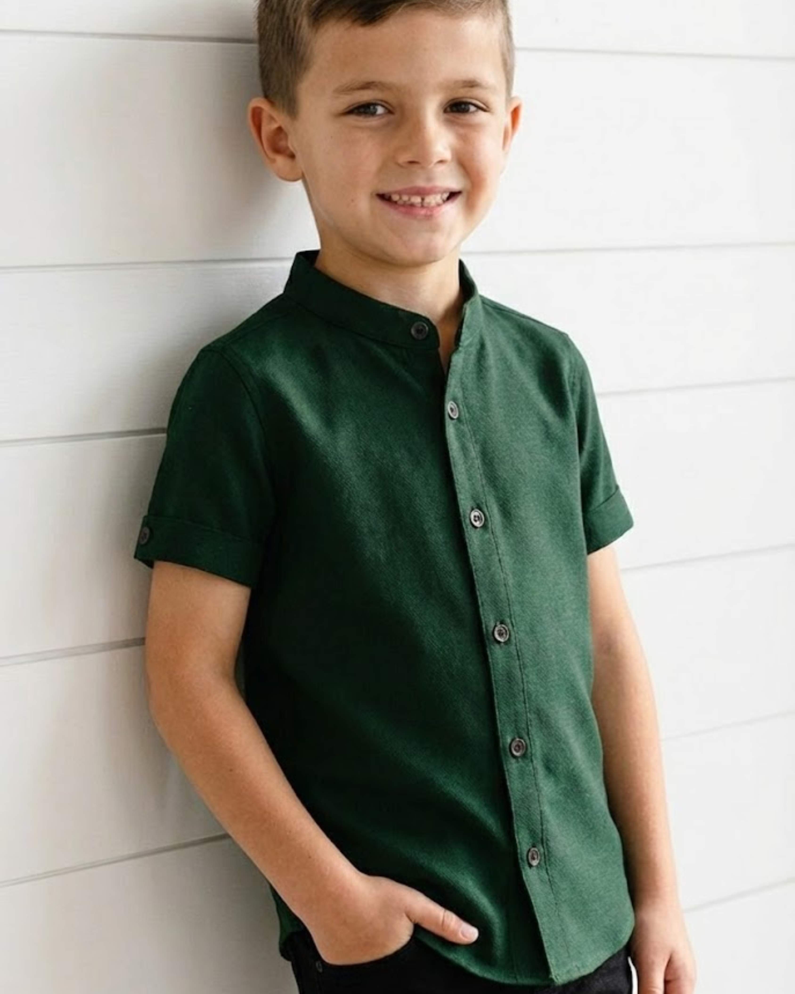 Boys Classic Green Short Sleeve Shirt with Mandarin Neck